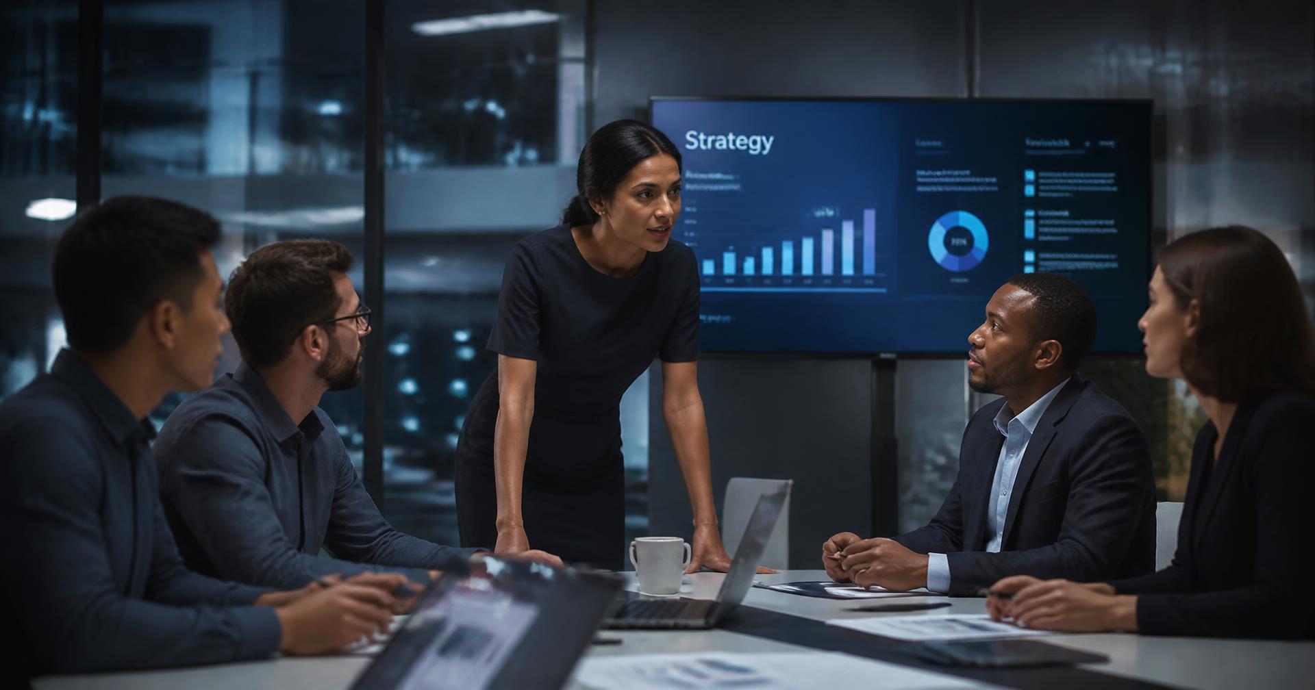 Equipe de tecnologia discutindo estratégia em ambiente corporativo