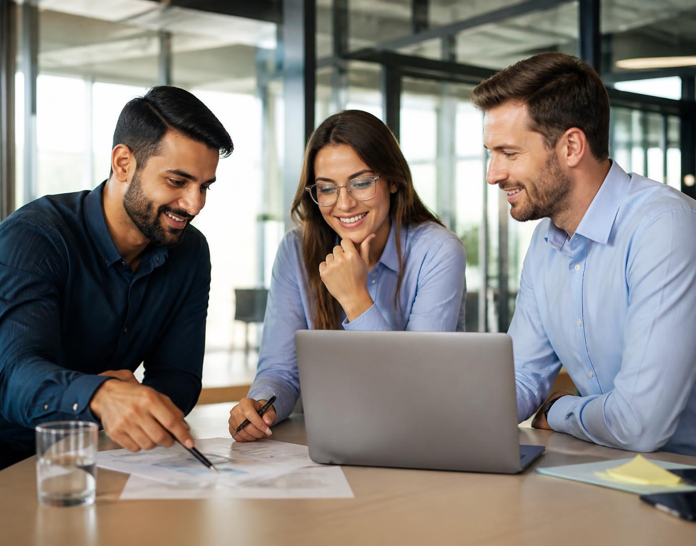 Especialistas de tecnologia analisando um projeto em conjunto